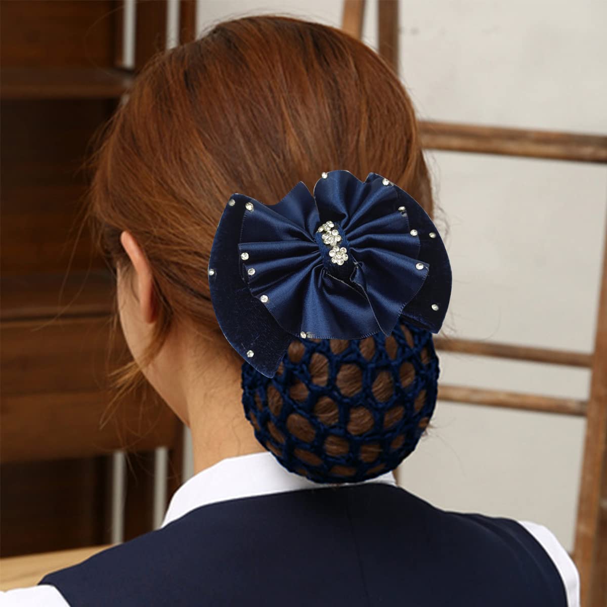 MAYCREATE Hair Bun Cover for Work and Dance featuring Alloy Spring Clip | Blue Knit Mesh Bow Hairnet