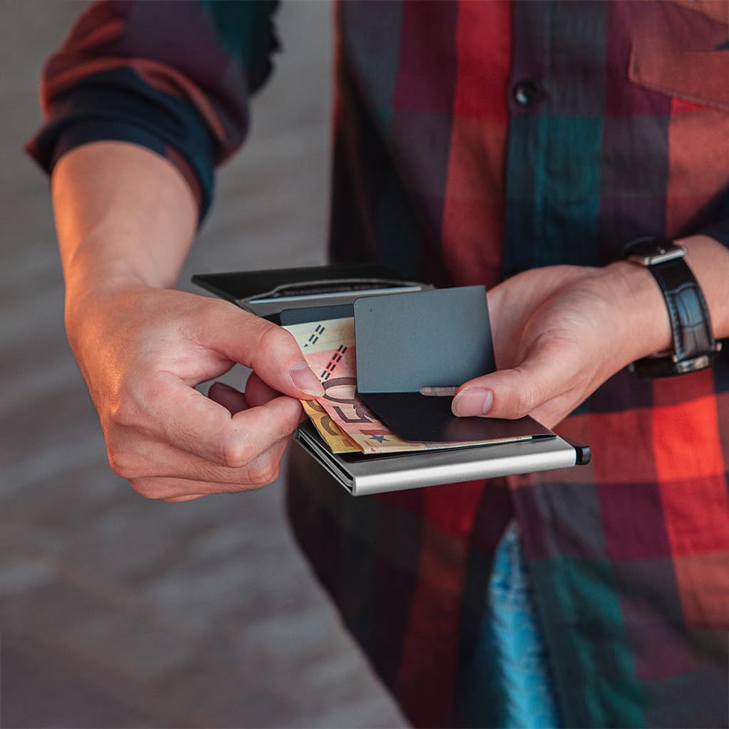 Zibuyu Slim Wallet for Men featuring pop up aluminum chamber with RFID blocking | black PU leather 3.74×2.55×0.59 in design