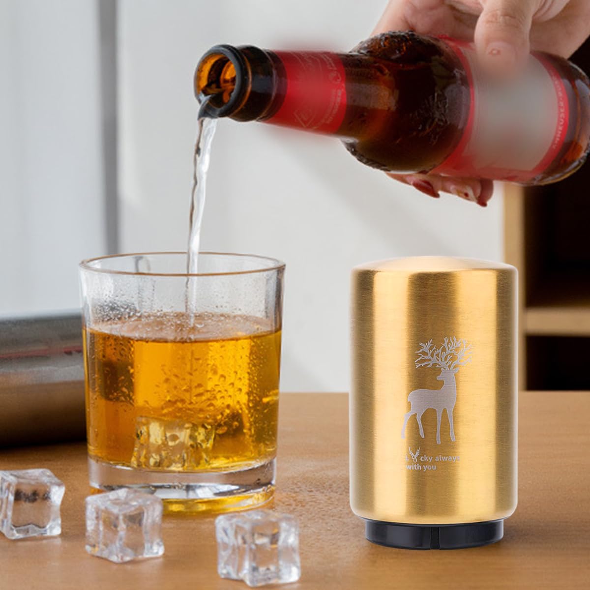 Supvox Automatic Bottle Opener for Beer and Soda featuring Push Down Mechanism and Gold Stainless Steel Design