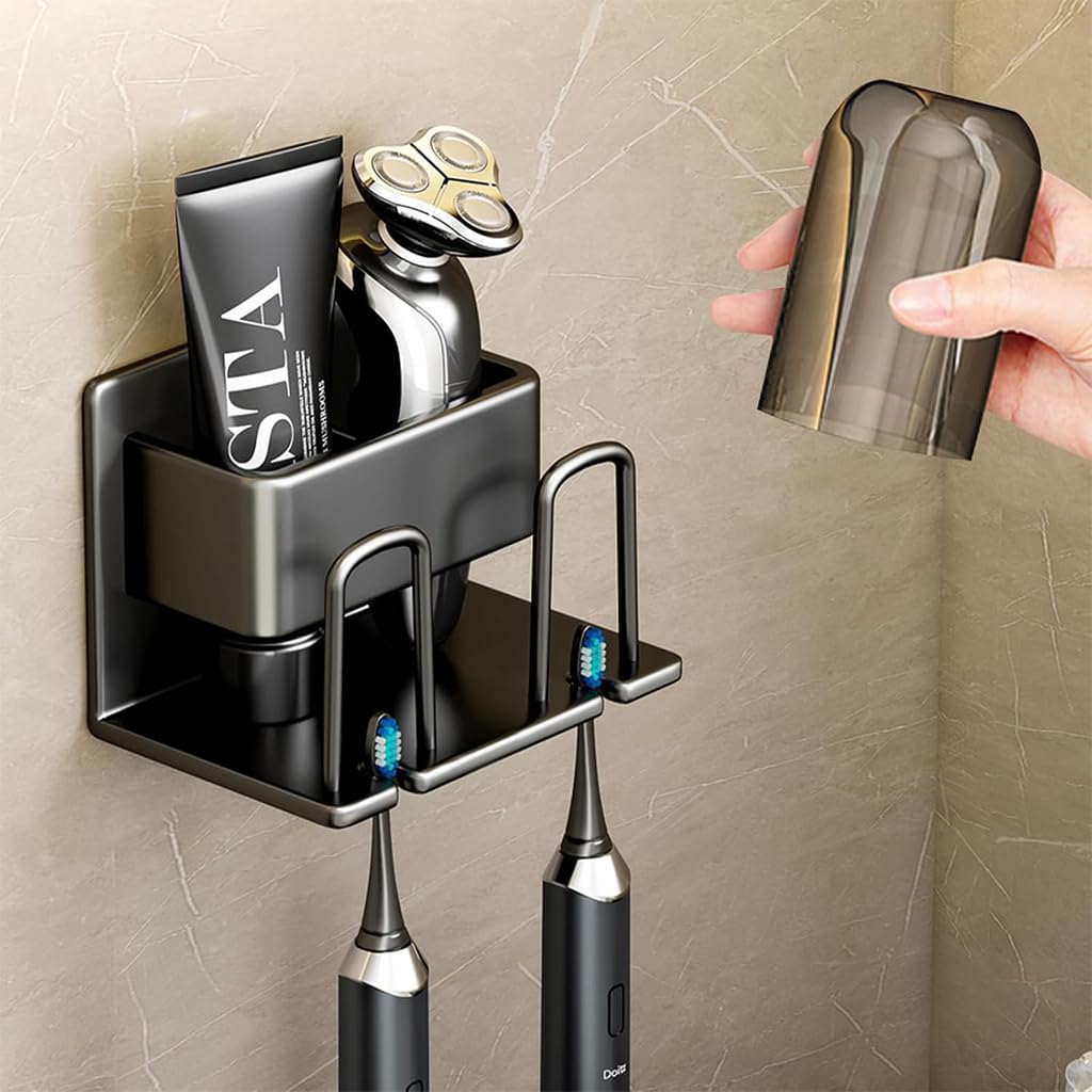 HASTHIP® Bathroom Toothbrush Holder Dual Slot Toothbrush Rack Bathroom Organiser Self Adhesive Aluminum Metal Toothbrush Holder Organzier Rack Modern Bathroom Wall Mounted Shaver Holder