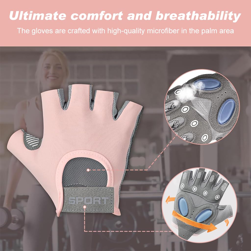 Proberos Women Workout Gloves for Gym with Anti Slip Silicone Pads and Breathable Design | Pink Fingerless Fitness Gloves