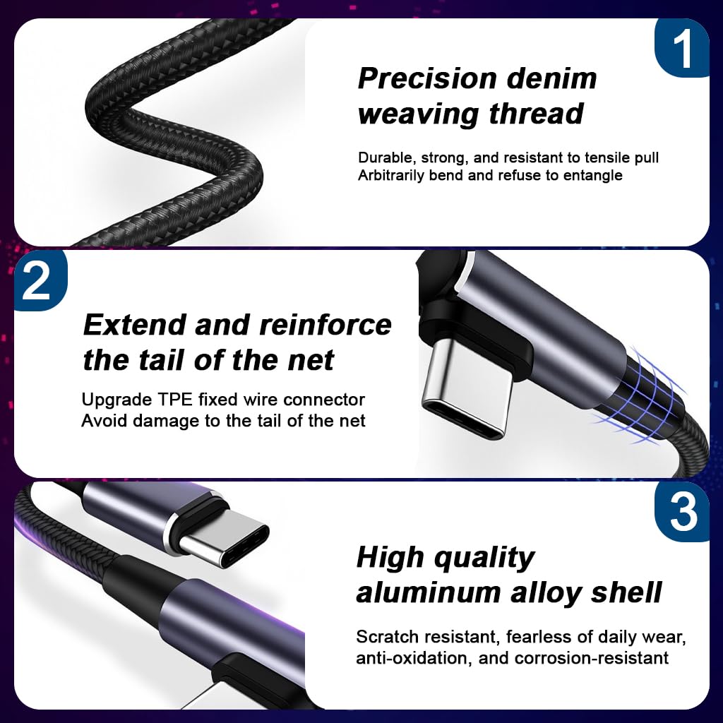 Verilux Type C Charger Cable 9.8 ft for Fast 100W PD Charging featuring 90° Right Angle | Nylon Braided