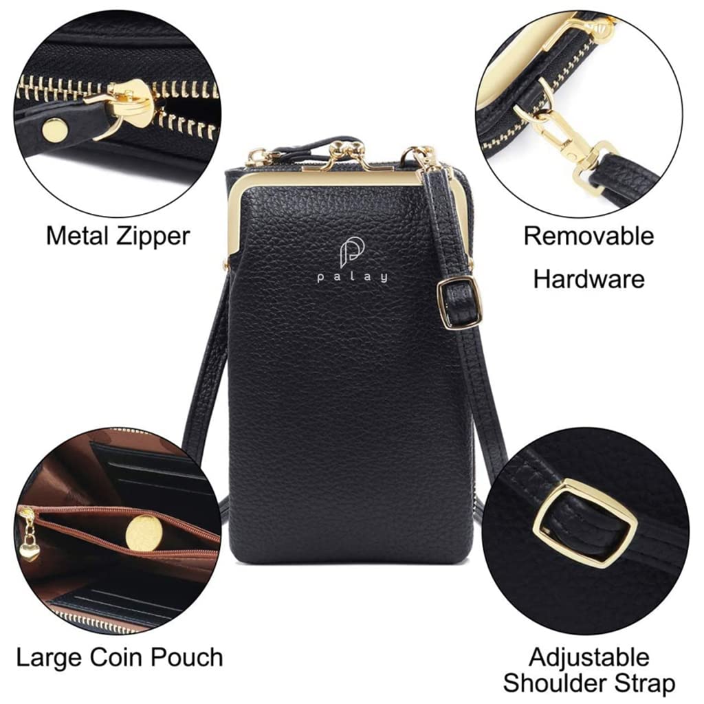 PALAY  Women Crossbody Phone Bag Ladies Wallet Small Soft PU Leather Cell Phone Purse Mini Shoulder Bag with Strap Card Slots (Black)