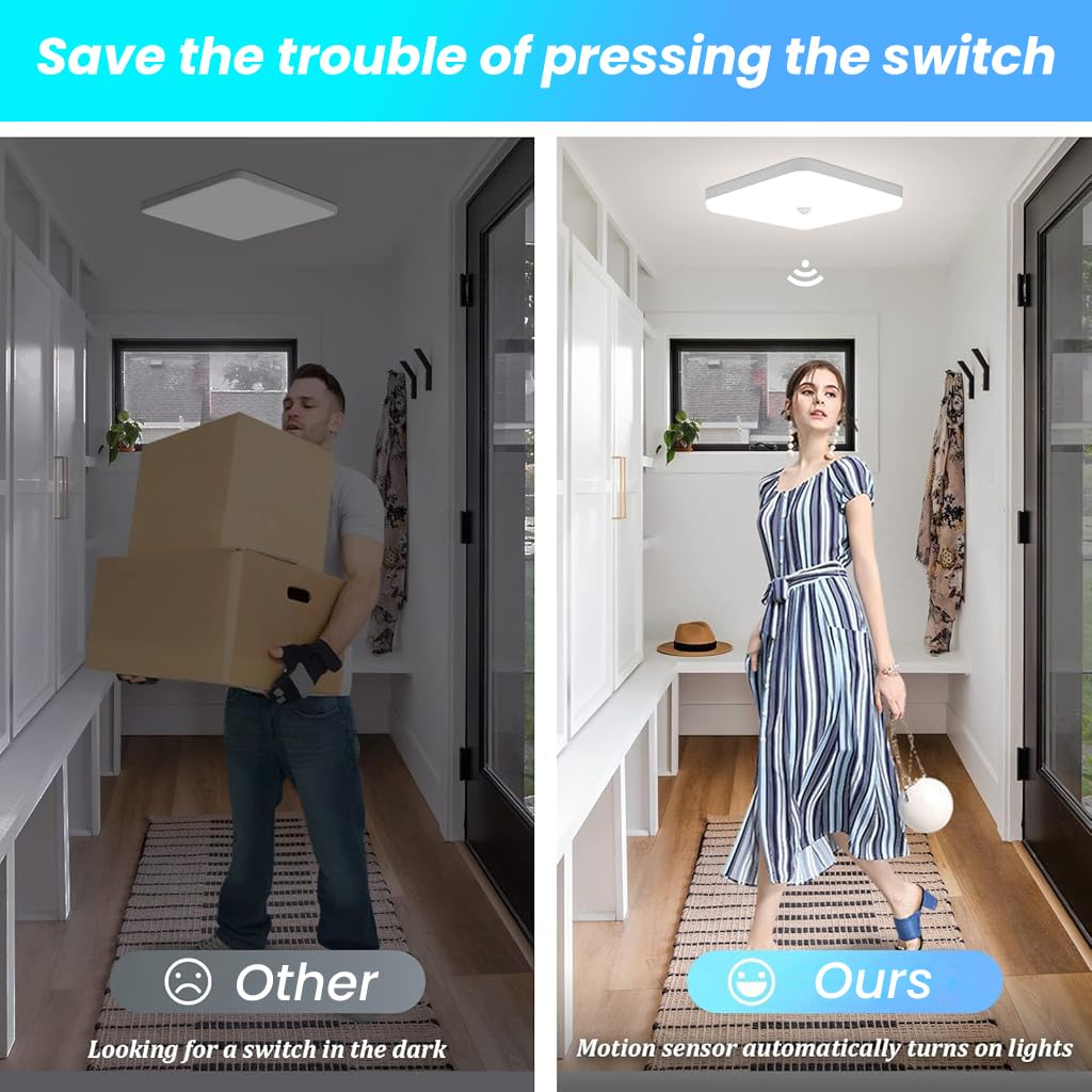 ELEPHANTBOAT LED Ceiling Light for Living Room and Bathroom with PIR Motion Detector 30W 9.8 in 2400LM 6500K | Square Flush Mount Lighting