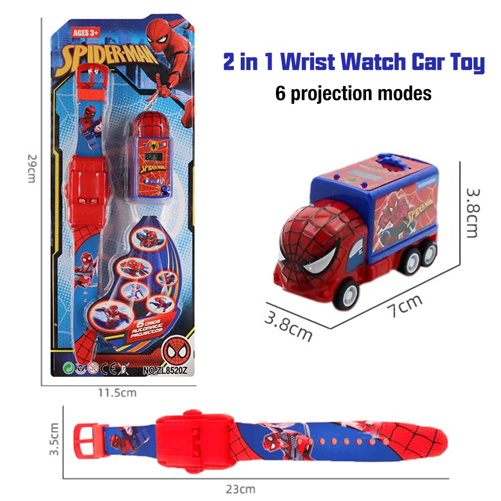 PATPAT Spiderman Watch for Kids with 7×4×3 cm Pull Back Car and 6 Image Projector | Digital Wrist Toy