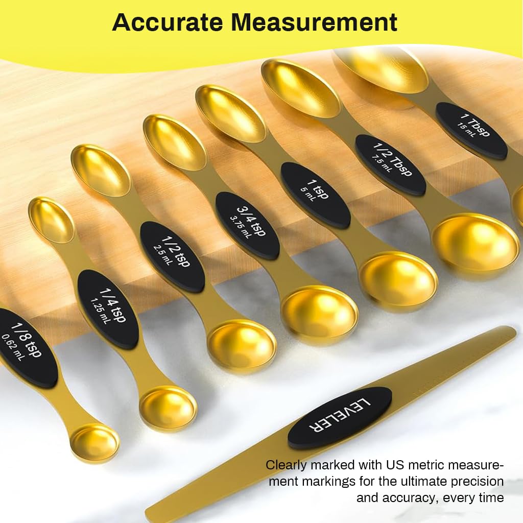 Supvox Magnetic Measuring Spoons Set of 8 for Dry and Liquid Ingredients with Dual Sided Gold Stainless Steel Design