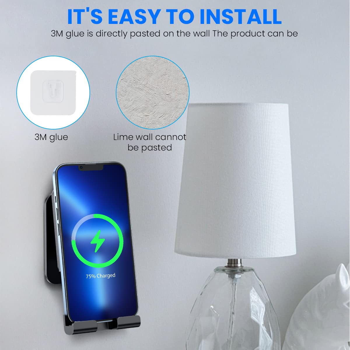 Zeitel Wireless Charger for Wall Mount Use with 15W Fast Charge and Adjustable Grip | Black