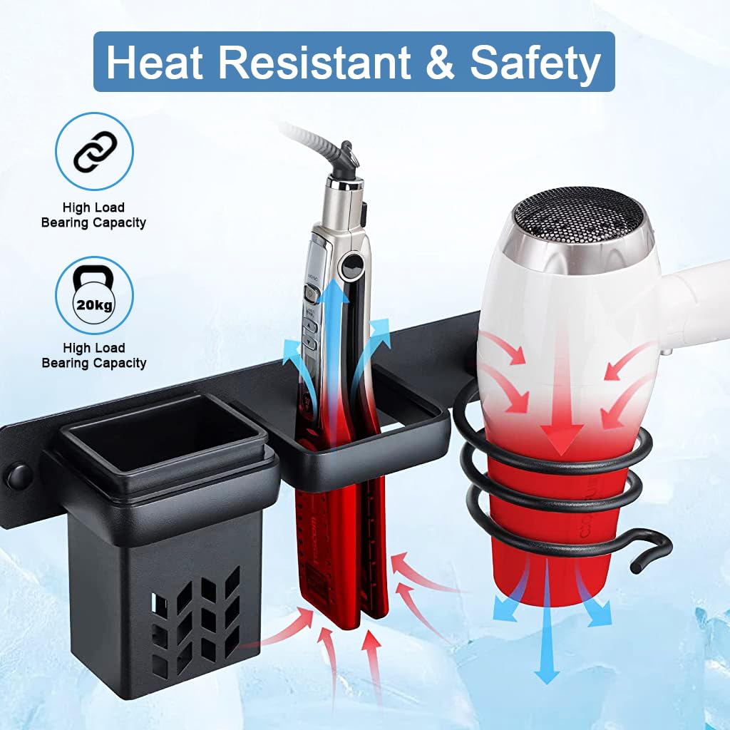 HASTHIP Hair Dryer Stand for Wall with 3 in 1 Storage Basket and Plug Hook | Black Aluminum Organizer