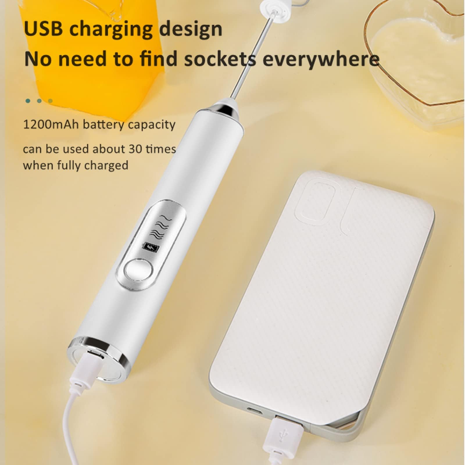 Supvox Hand Blender for Coffee 3 in 1 Frother Coffee Maker with 3 Speed Milk Frother for Coffee Frother Electric USB Rechargeable Coffee Beater with 3 Stainless Whisks Head for Latte Chocolate White