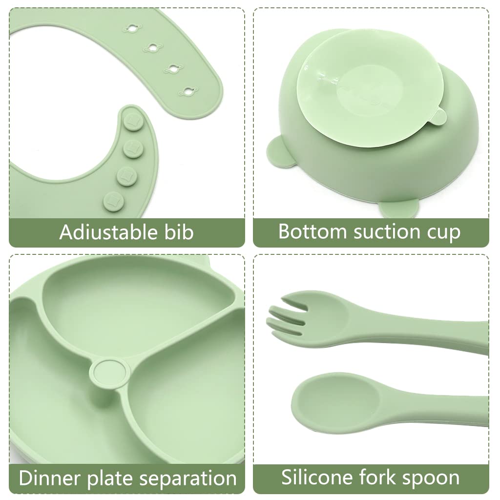 SNOWIE SOFT® 6pcs Silicone Tableware Kit for Baby Foodgrade Silicone Tableware Set Baby Plate & Bowl with Sucker, Cup, Spoon, Fork, Bib, Food Grade Silicone, BPA-Free, Dishwasher & Microwave Safe