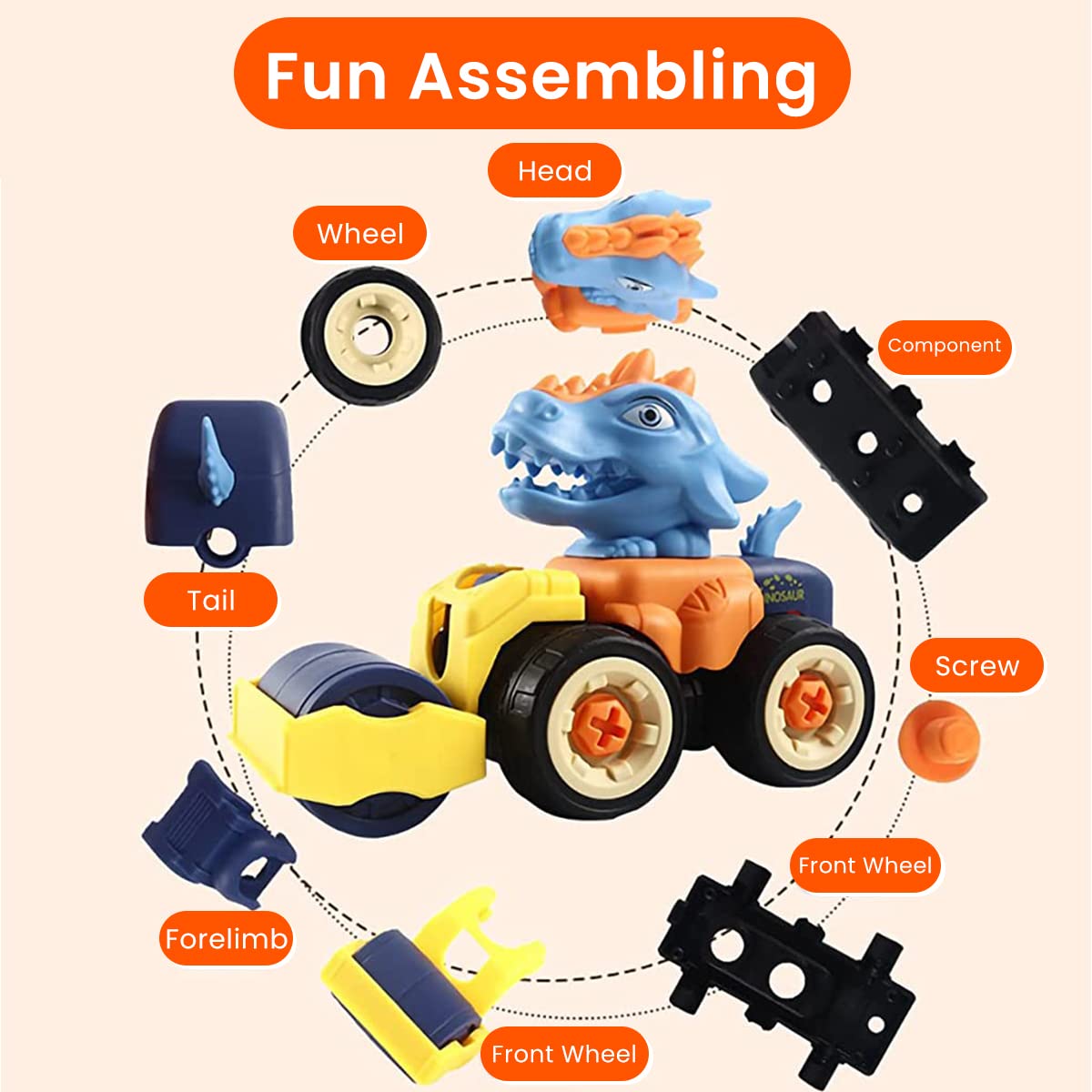 PATPAT® Car Toys for Kids 4 Pcs Dinosaur Cars Assembly Dinosaur Engineering Car Toy with Toy Screwdriver and Wrench Dinosaur Toys for Kids STEM Toy Assembly Building Blocks Gifts for Kids 3-8 Year Old