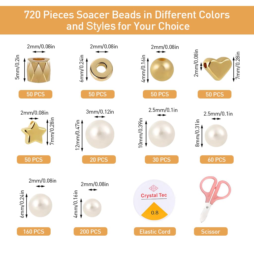SANNIDHI® 2 Boxes 720pcs Pearls Beads for Jewellery Making Kit, Pearl Beads for Bracelet Making, Assorted Sizes Pearl Round Set Spacer Charms Golden with Tools DIY Crafts Earrings Necklace