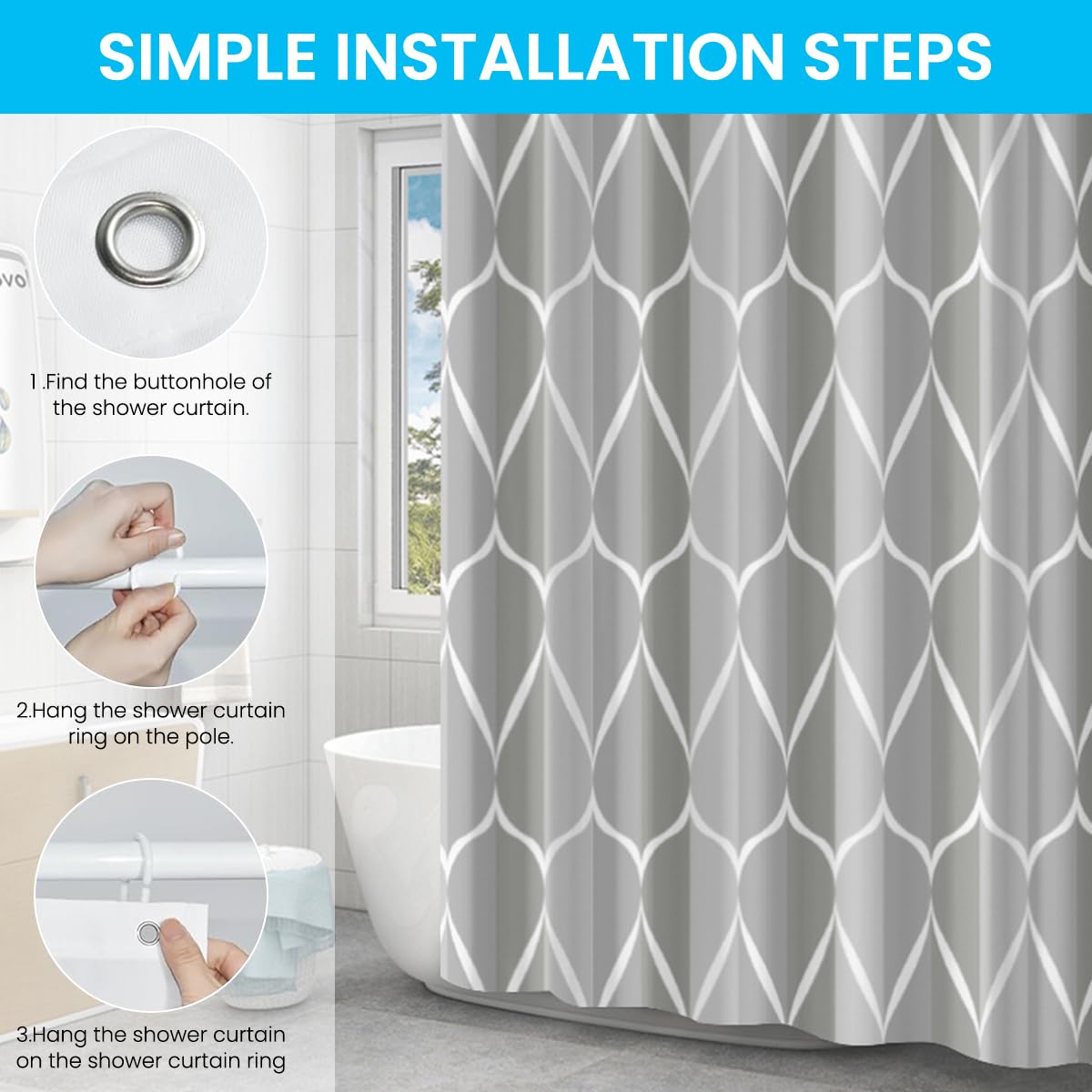Supvox Shower Curtain for Bathroom Use with Weighted Hem and Hooks 71x71 in Grey Line Design