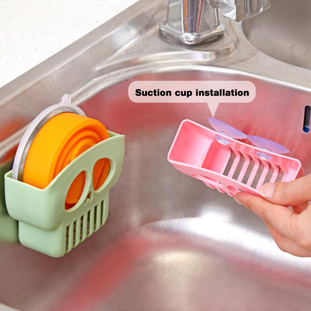 ZIBUYU Kitchen Sink Sponge Holder 3Pcs Set with Suction Cup featuring Skull Face PP Design