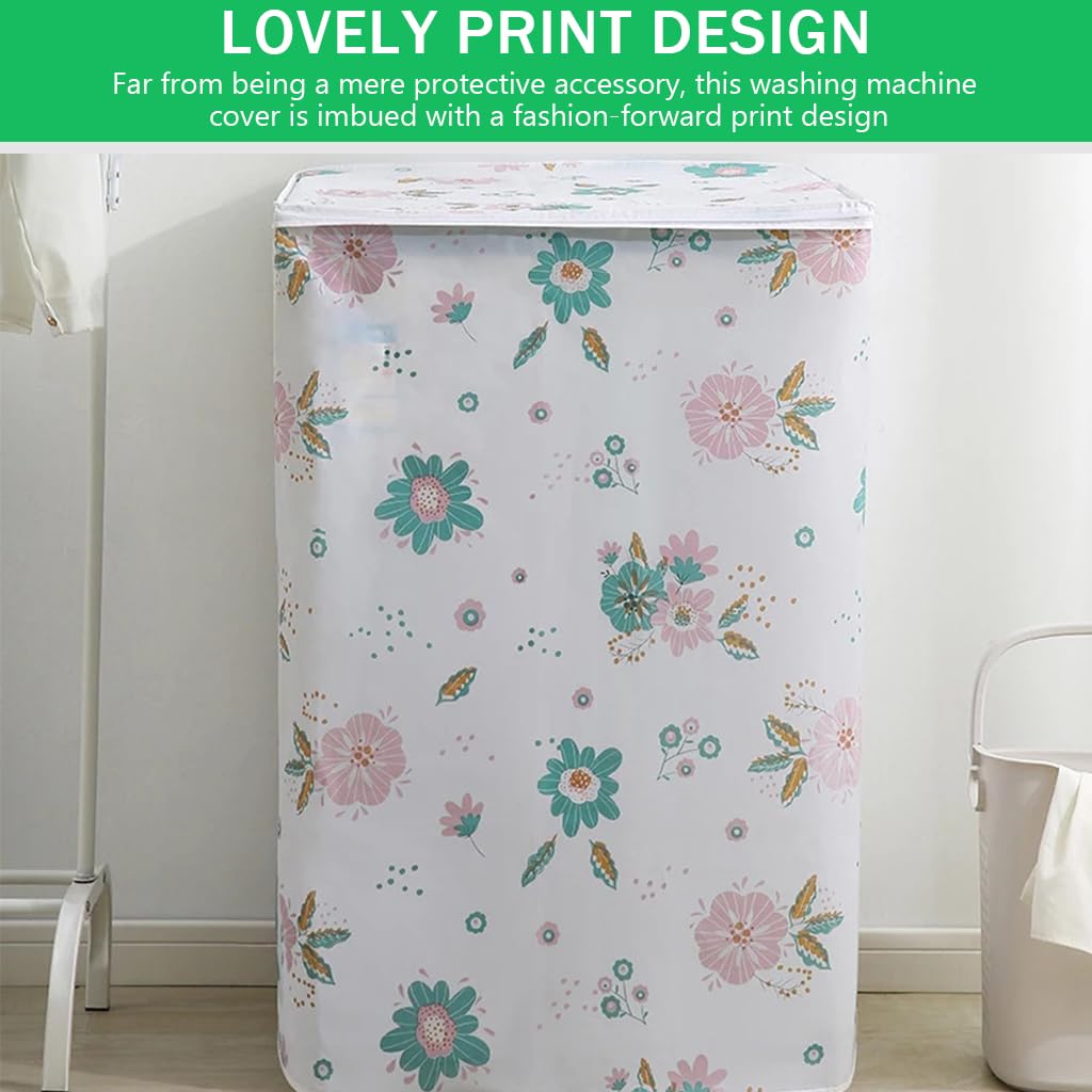 HASTHIP® Dust Cover for Household Washing Machine PEVA Dust Cover with Roll-Up Curtain fpr Front-Loading Washer Fashion Floral Print Household Washing Machine Dust Cover