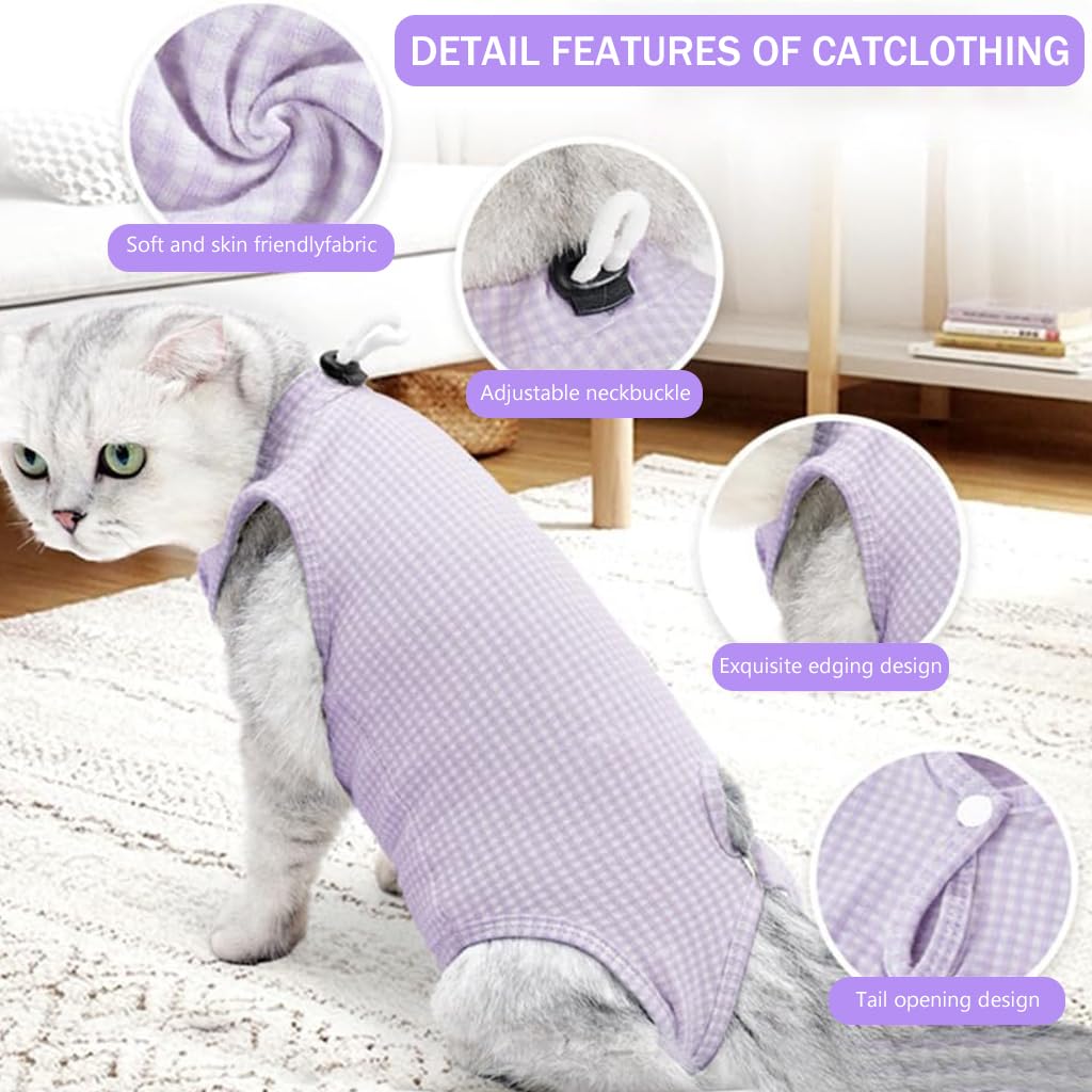 Qpets® Cat Recovery Suit, After Surgery Cat Clothes Fix Wound Wrap, Snap Button Closure Design, Purple Plaids Cat Surgery Suit for Surgery Recovery, Cat Clothes with Adjustable Neckline, L