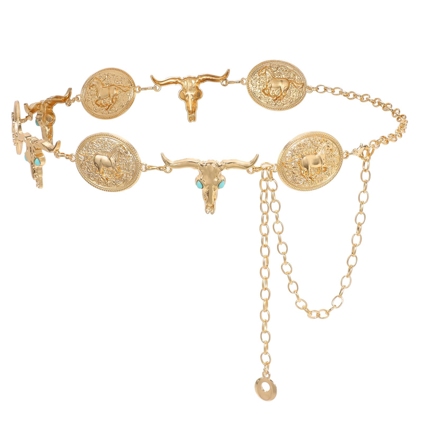 PALAY® Decorative Waist Belt for Women Bull Head Charm Embossed Concho Waist Chain Metal Hip Belly Chains Vintage Cowgirls Style Belly Chain for Jeans, Dresses, Adjustable Size