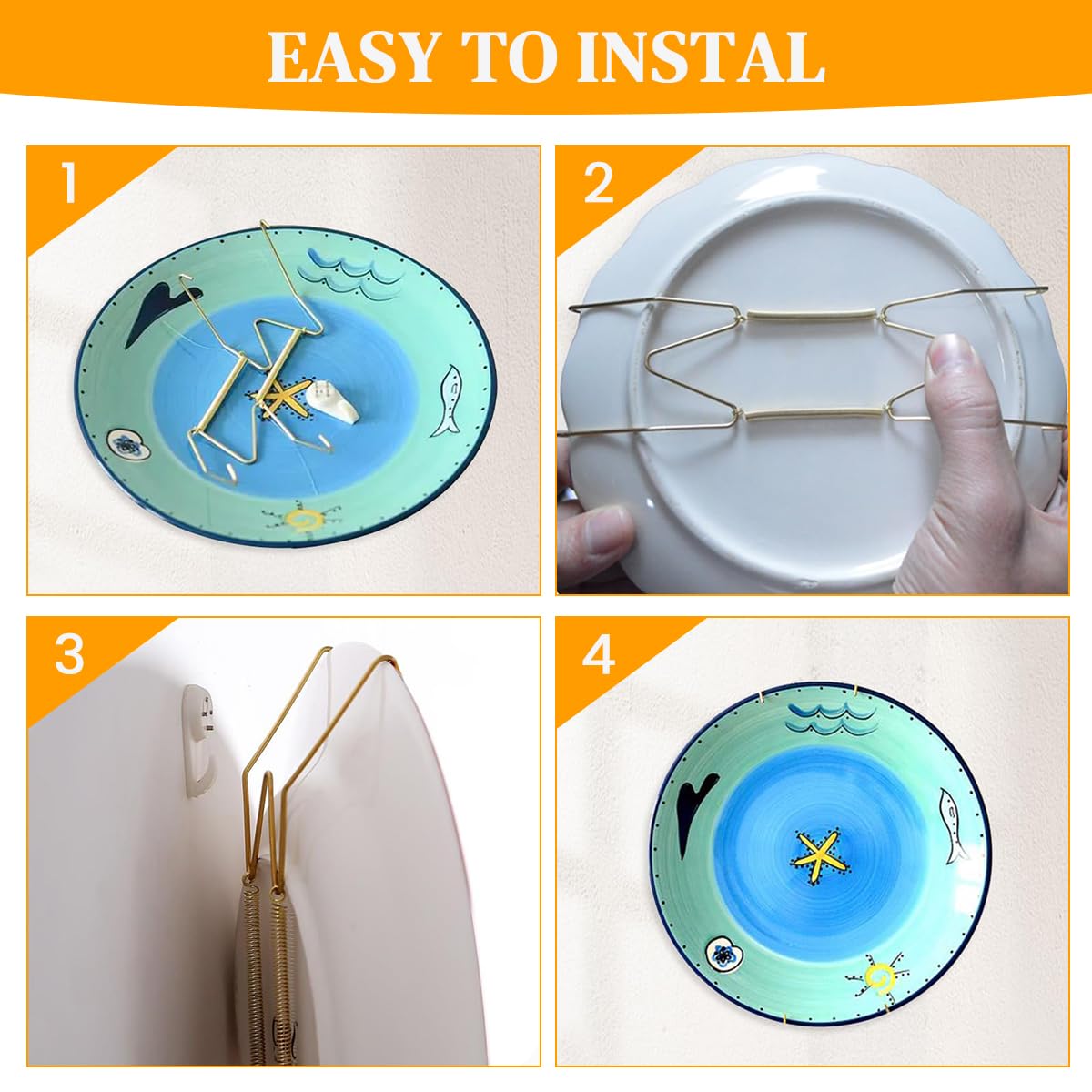 HASTHIP Spring Plate Hangers for Home Wall Decor featuring Secure Spring Mechanism and Golden Stainless Steel Fit 5.5 to 8 in Plates