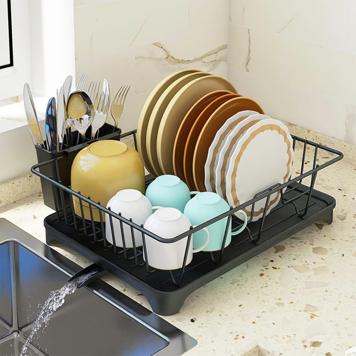 Supvox® Dish Drying Rack - Metal Large Capacity Dish Drainer Basket with Cutlery Holder & Drainage Spout, Kitchen Multifunction Dish Drying Rack Cup Drying Rack for Dishes, Knives, Spoons, and Forks