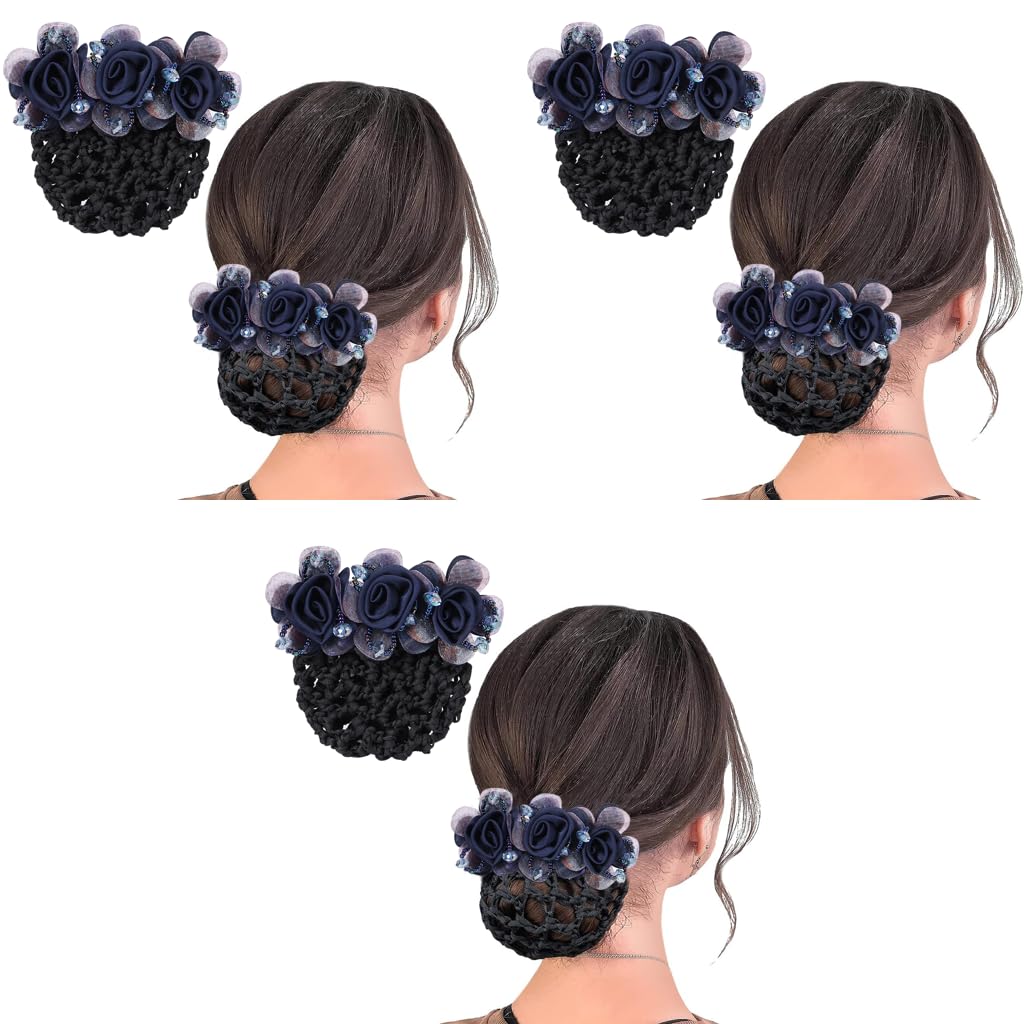 MAYCREATE Floral Hair Snood Net Barrette for Dancer and Nurse with Alloy Clip | 3 PCS Bun Cover