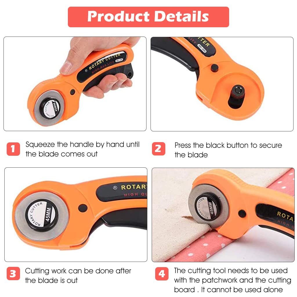 HASTHIP Roller Cutter for Fabric with 10pcs 45mm Alloy Steel Blades and Safety Lock | Ergonomic Handle for Sewing and Leather Craft