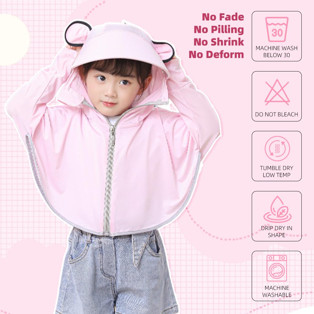 PALAY® Sunscreen Jacket for Girls,  UPF 50+ Sun Protection Hoodie Jacket for Girl Kid Long Sleeve Wide Brim Hat Summer Coat with Face Mask for Hiking Outdoor 110-130cm Girl