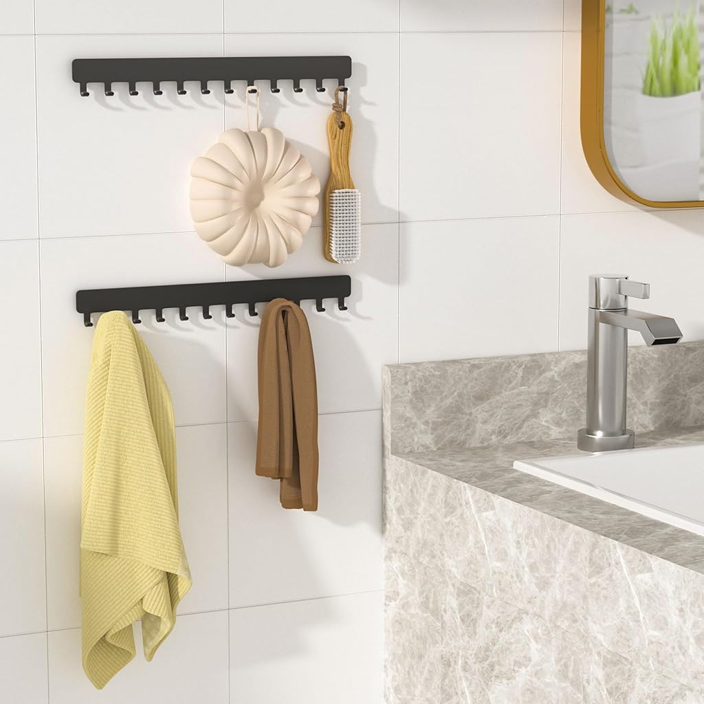 Zibuyu Wall Jewelry Organizer Rack Set for Bathroom or Kitchen with 12 Hooks | 32 x 6.7 x 2 cm Metal Adhesive Mount