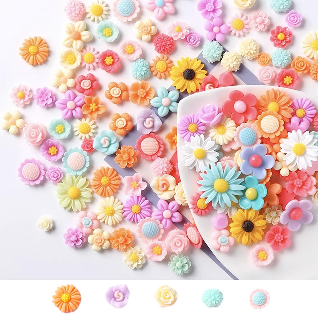 Venzina® 50pcs Flower Resin Charms Assorted Flatback Daisy Resin Beads Charms for DIY Crafts, Jewelry Making, Scrapbooking, Embellishments, Home Decor