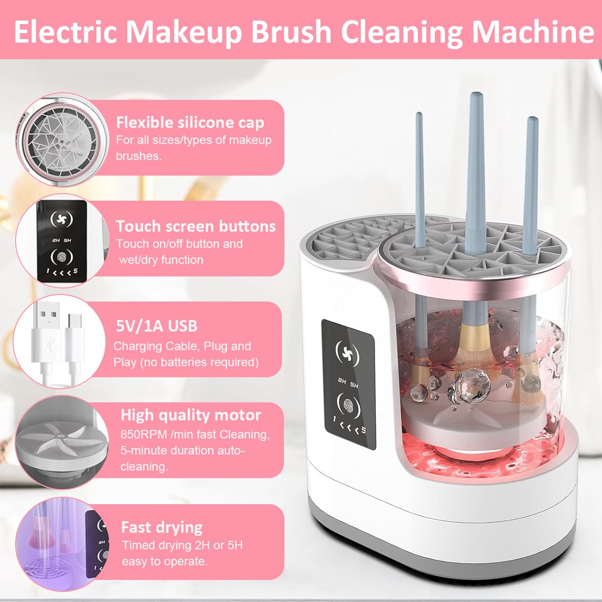 MAYCREATE Electric Makeup Brush Cleaner for Multiple Brushes with 500 Swirling Motions | USB Rechargeable Drying Rack Design