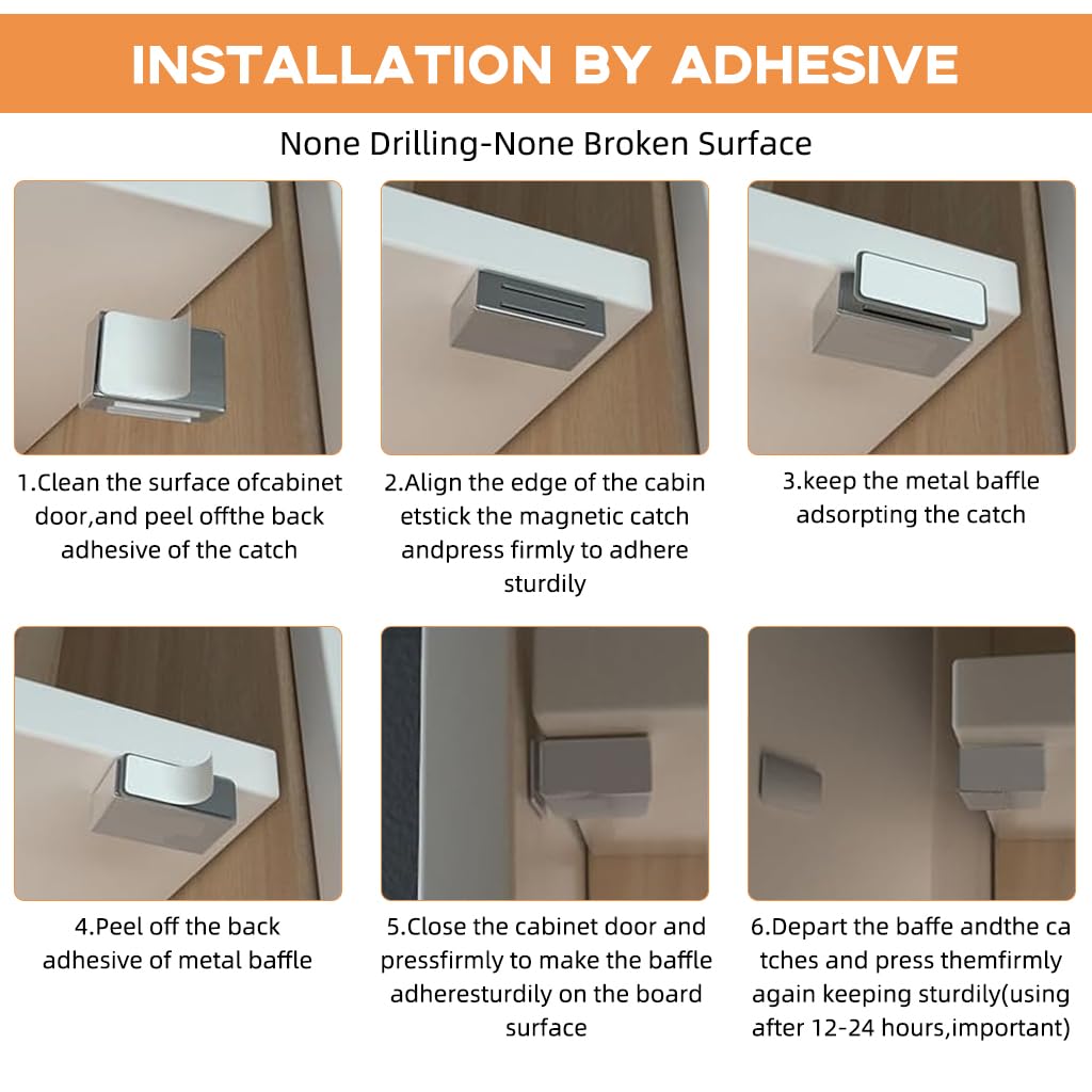 Serplex Magnetic Door Catches 2PCS for Cabinets with 10lbs Force and Adhesive Mount | Stainless Steel No Drill Latch