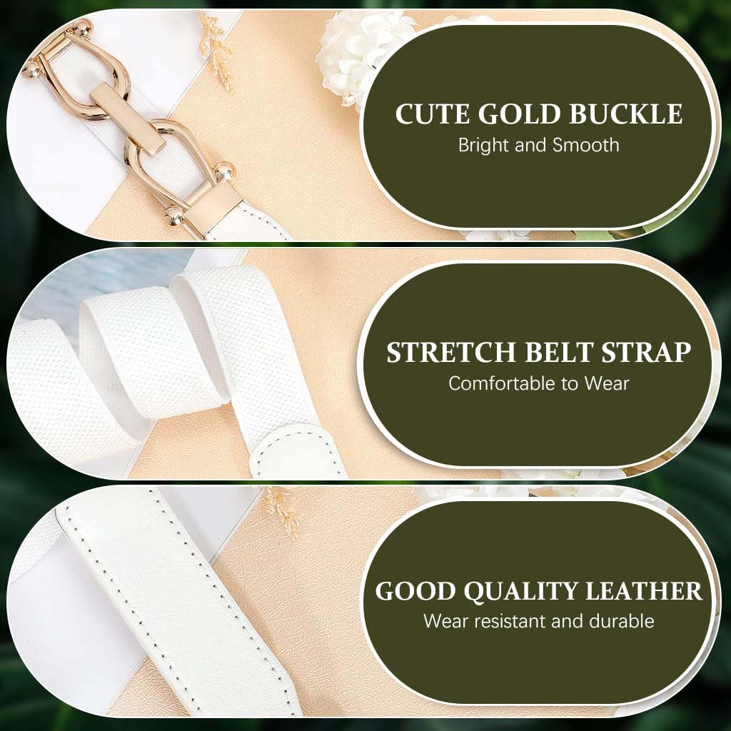 Venzina® 2Pcs Stretchy Belt for Womens, Skinny Womens Belt, Elastic Waist Belt for Women Dresses, Chic Gold Metal Buckle Belt for Dress, Shirt, Blazer, Sweater (Black & White)