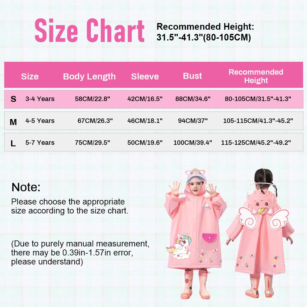 SNOWIE SOFT® Hooded Raincoat for Kids Wide Brim Hooded Raincoat EVA Knee Length Raincoat with Storage Bag  Cartoon Unicorn Print Raincoat for Kids 3-4 Years Old, M, Recommended Height 85-105cm