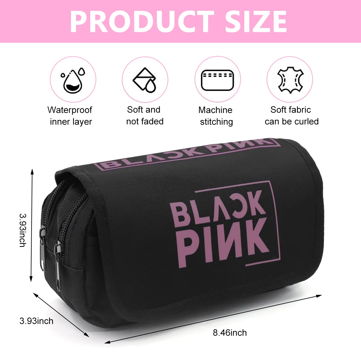 HASTHIP Cosmetic Bag Organizer for School and Travel with Double Zippers 15×15×20cm | Polyester Blackpink Prints Pouch for Fans