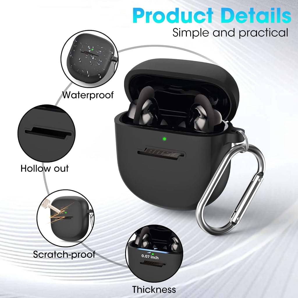 Zeitel Case for Bose QuietComfort Earbuds 2 with Carabiner Clip and Shockproof Silicone Cover | Waterproof Black Charging Accessory