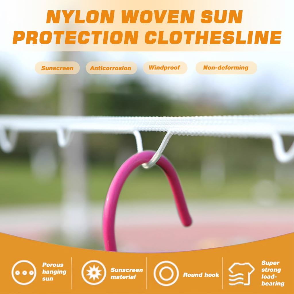 HASTHIP Clothes Drying Rope for Indoor and Outdoor Use with Metal Carabiners and Multi Hanger Loops 9.8 ft White Nylon | Windproof Design for Sheets Clothes and Bedding