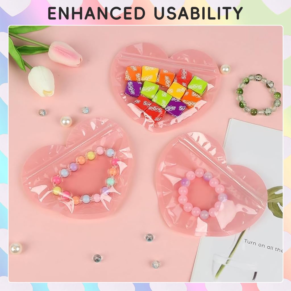 ZIBUYU Ziplock Pouch 200 pcs for Jewelry and DIY Crafts with Reusable Seal 10x10 cm | Pink Heart Design