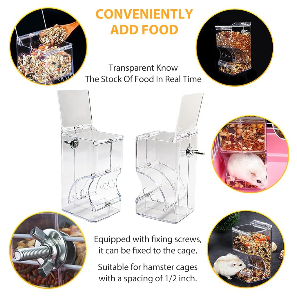 Qpets® Hamster Food Feeder Transparent Acrylic Hamster Food Feeder for Cage with Screw Kits 300ml Pet Feeder Pet Food Bin Automatic Food Feeder for Hamsters, Guinea Pig, Ferrets, Hamsters, Hedgehogs