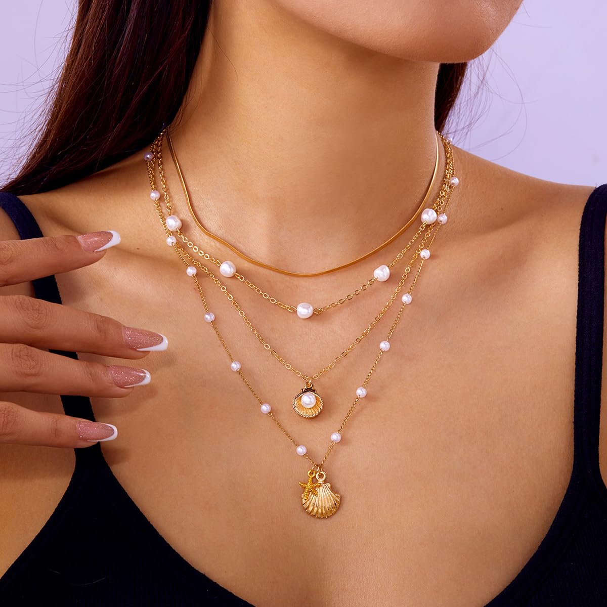 SANNIDHI Necklace Set for Women featuring 4 Layered Gold Chains with Seashell and Starfish Pendants | Beach Jewelry Gift
