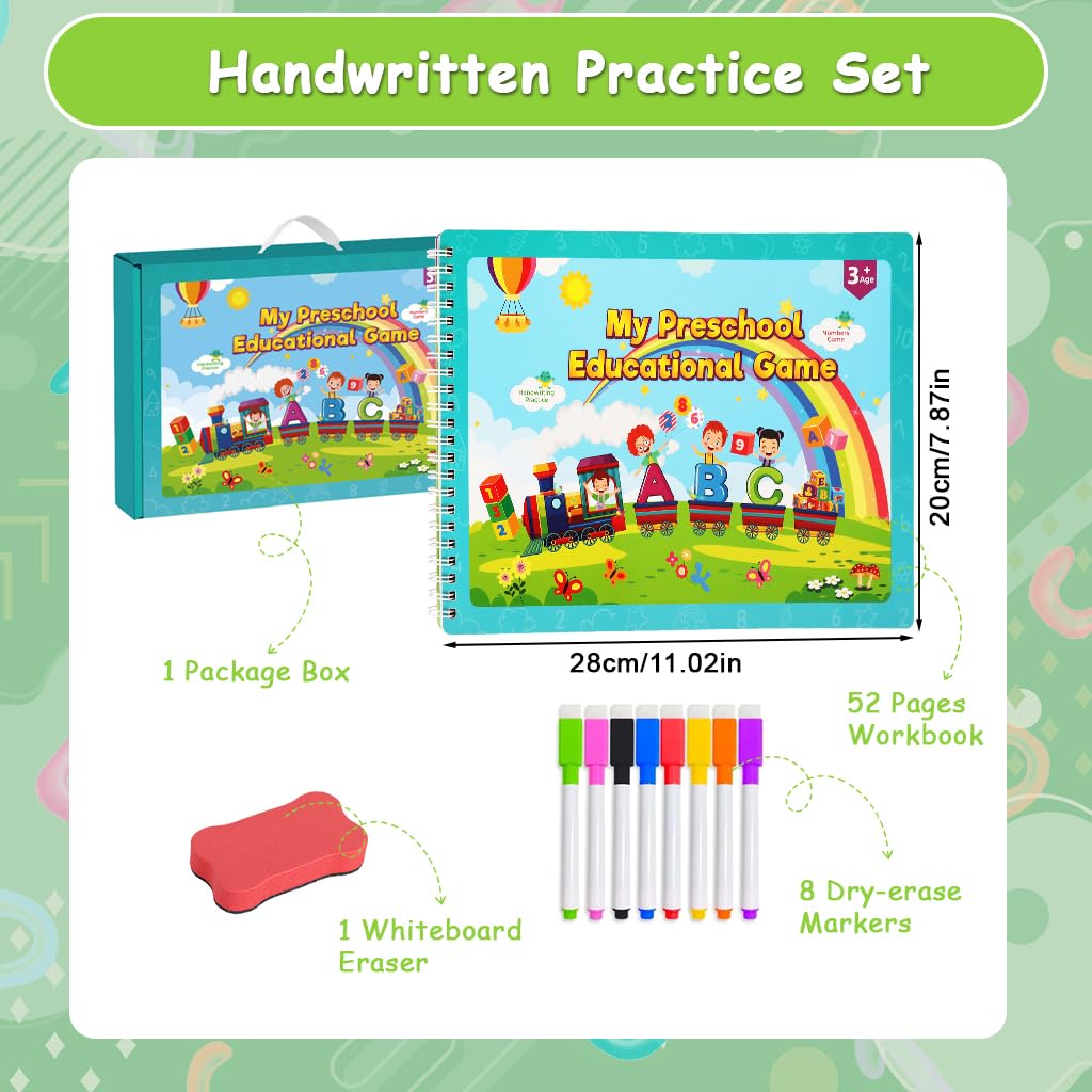 PATPAT Toddler Alphabet Tracing Book for Preschool Handwriting Practice with 8-Color Markers & Sponge Erase | Reusable Early Learning Workbook