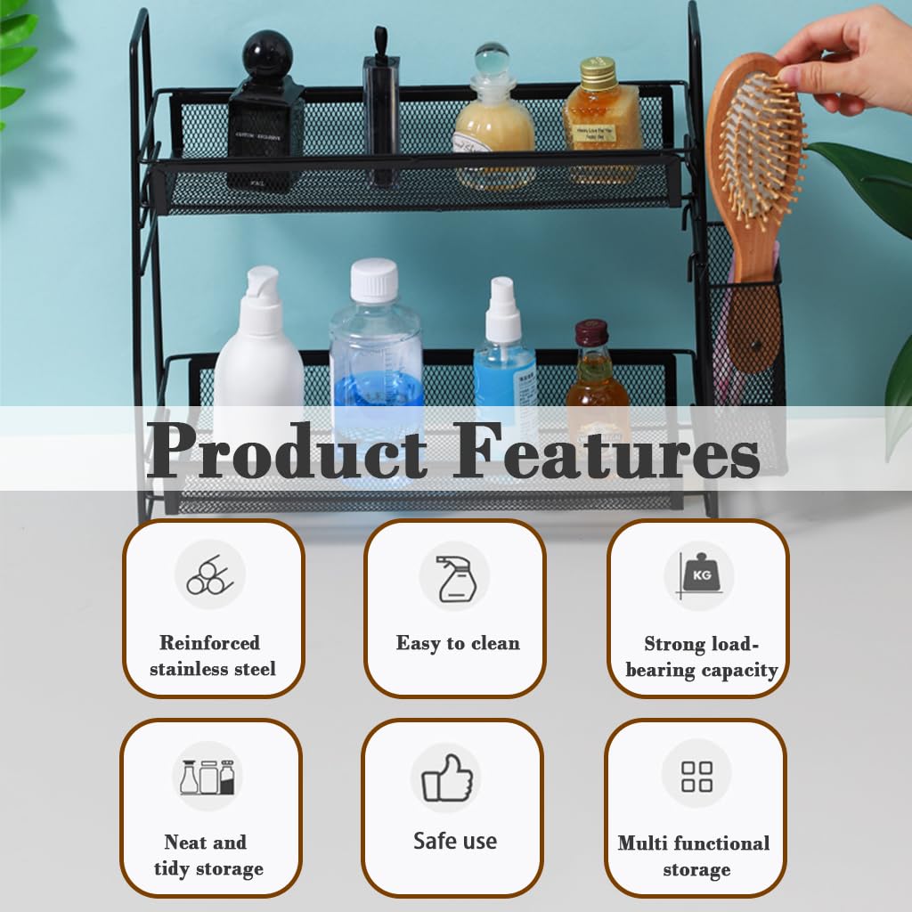 HASTHIP Desk Organizer Rack for Office and Kitchen Use with Double Layer Storage 35.5x20x33 cm | Metal Mesh Design and Side Hanging Case