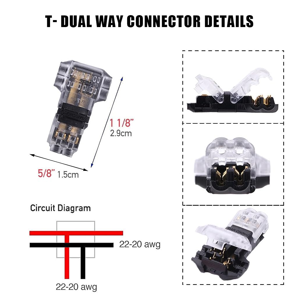 Serplex® 10pcs Wire Connectors Low Voltage 3 Way Wire Connector, T Type 2 Pin Push-in Wire Connector No Wire Stripping Required Wire Connector for LED Light Strip, Connection Fits 24-20 AWG