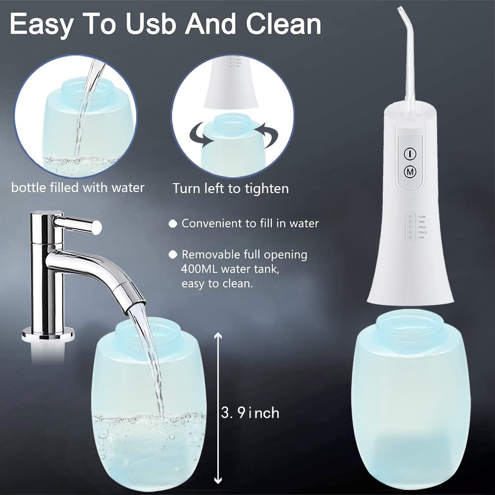 HANNEA Flosser for Teeth Portable Dental Flosser for teeth Oral Care for Braces Bridges, Rechargeable IPX7 Waterproof and 5 Modes, 400ML Water Flosser for Home Travel