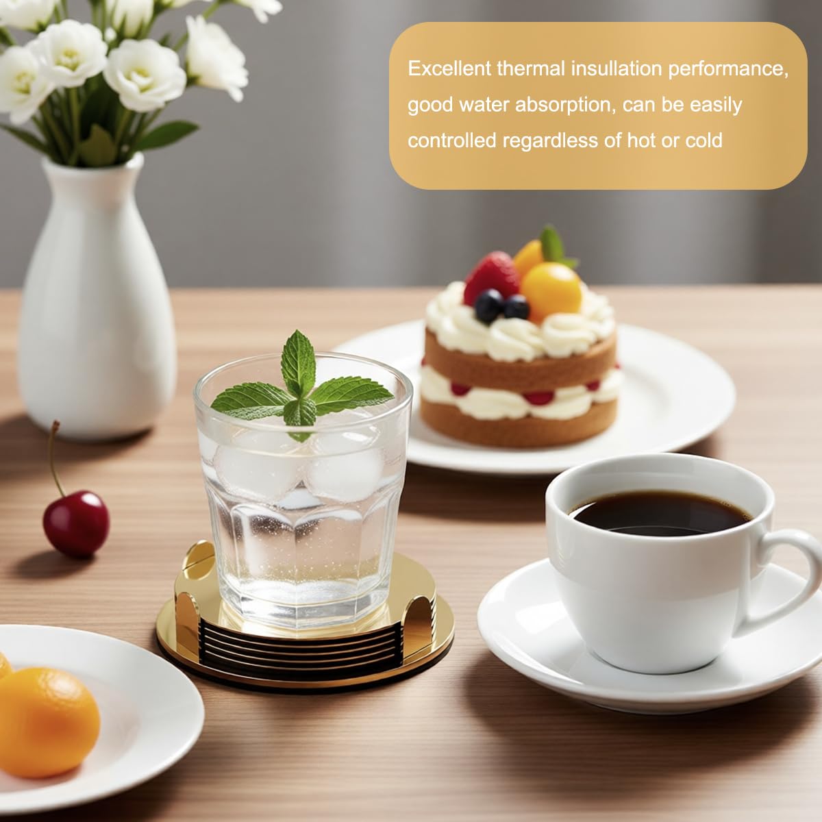 ZIBUYU Coasters Set for Home and Office with Holder featuring Gold Stainless Steel | 6 Pieces