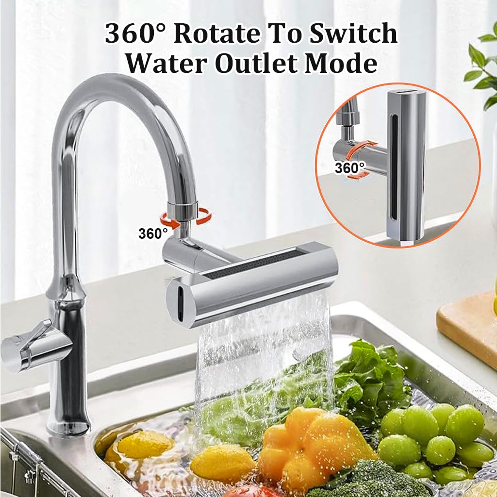 HASTHIP® Kitchen Faucet 360° Swivel 4 in 1 Waterfall Kitchen Faucet Plating Kitchen Sink Faucet Extender Splash-Proof Faucet Universal Waterfall Kitchen Faucet with Installation Kit