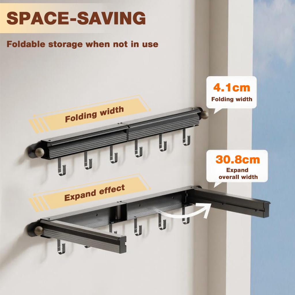 HASTHIP Folding Clothes Drying Stand for Bathroom and Balcony with 30.8x70cm Dual Row | Aluminum Steel Wall Mounted Design with 6 Hooks
