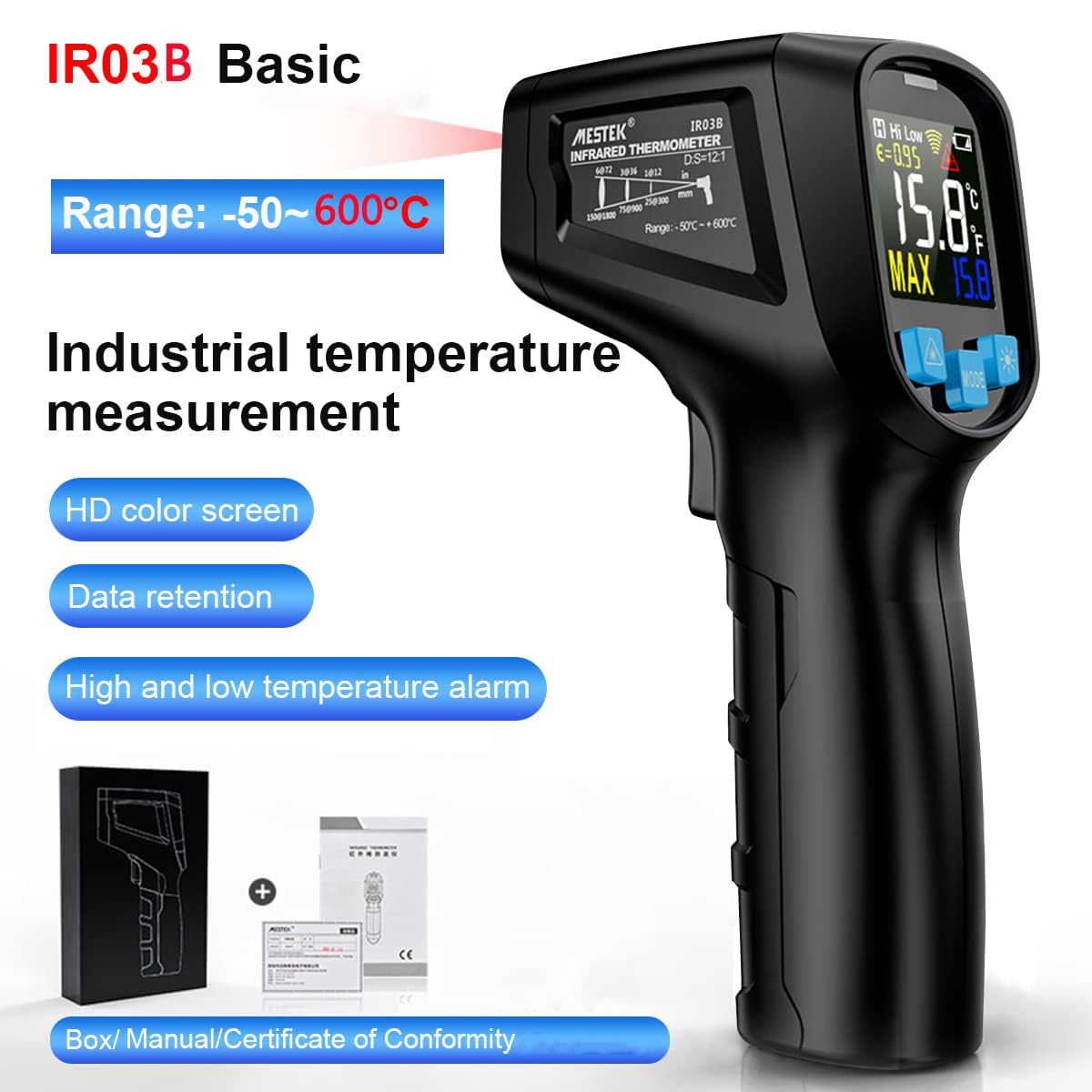 Serplex Handheld Infrared Thermometer, Non-Contact Digital Laser Temperature Gun 57¡ãF ~1022¡ãF (-50¡ãC ~ 550¡ãC) with Battery & Color LCD Display for Household Industrial Use, for Cooking, Pizza Oven