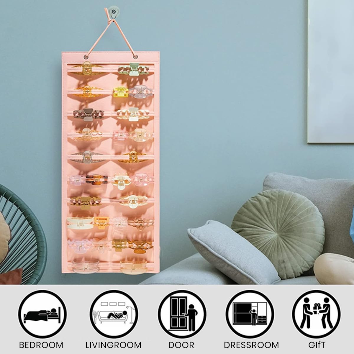 HASTHIP Hair Claw Holder Organizer for Wall Hanging with 20 Belts 35x80cm Felt Pink | For Women Girls Storage Display