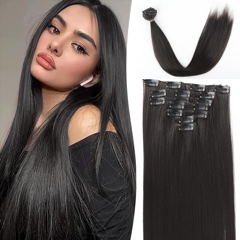 MAYCREATE Hair Extensions for Women with 7 Clip Pieces 22 in Straight Synthetic Fiber | Natural Black Seamless Volume