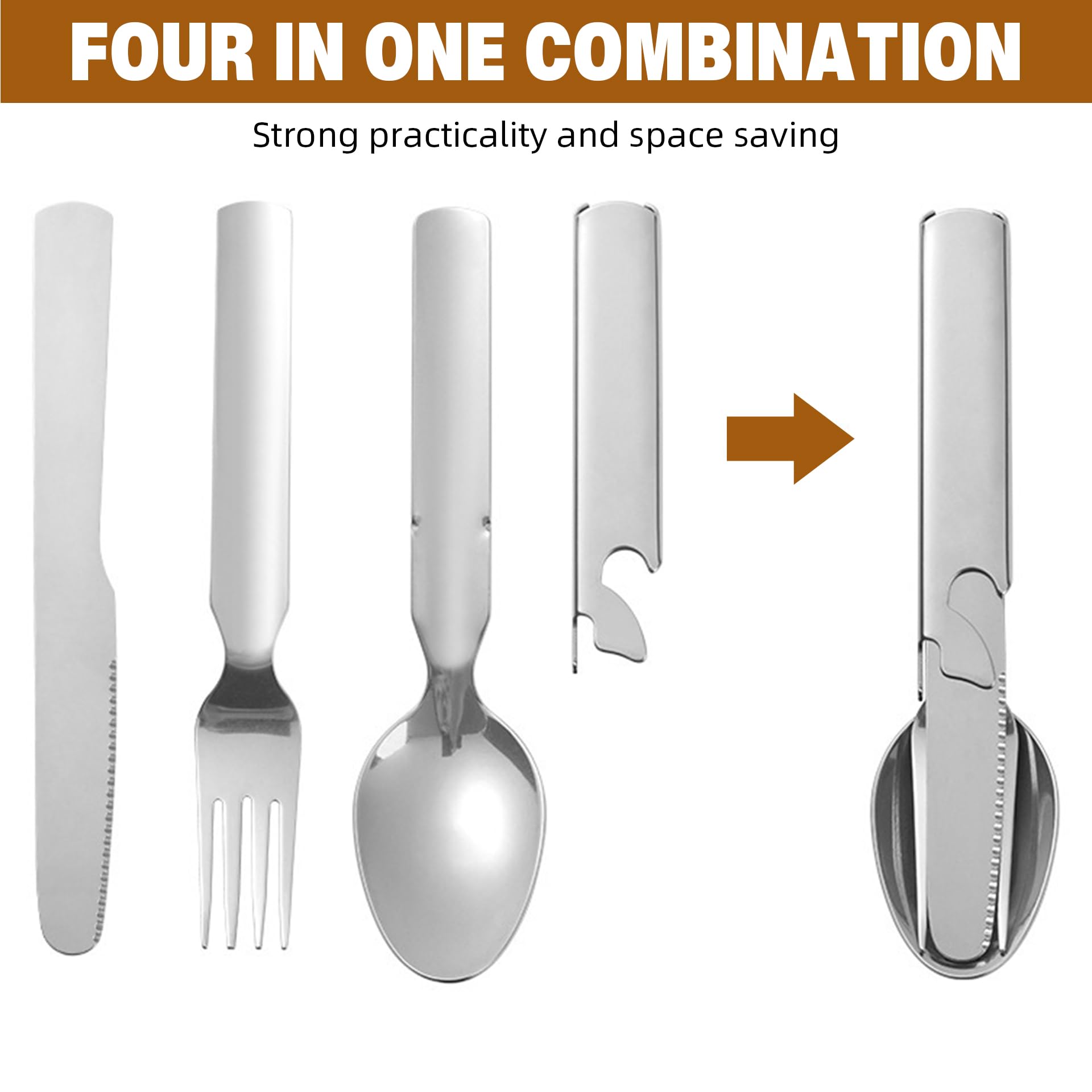 PROBEROS Camping Cutlery Set for Outdoor Meals with 6.7 in Stackable 4 in 1 Stainless Steel Design