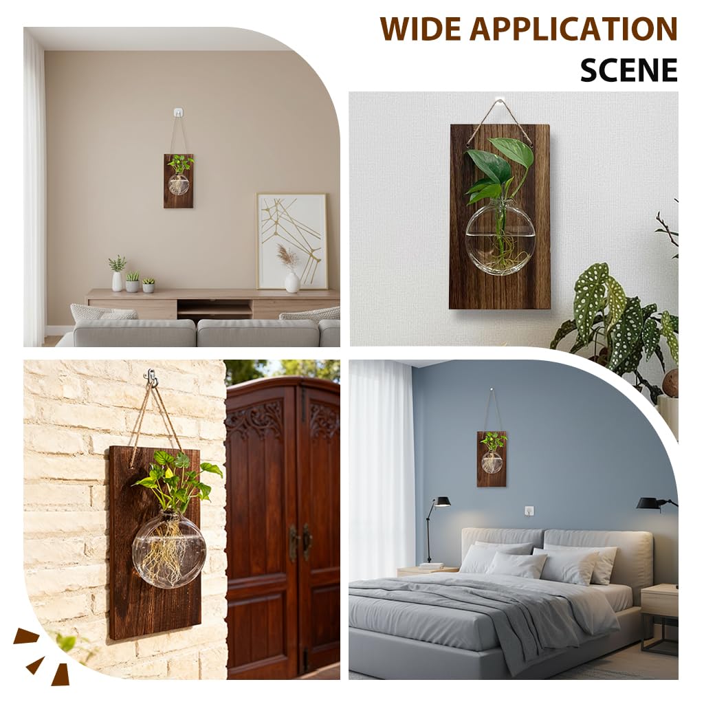 HASTHIP Glass Hydroponic Kit for Home Decor with Wooden Board and Hemp Rope | 18x33cm Wall Hanging Planter